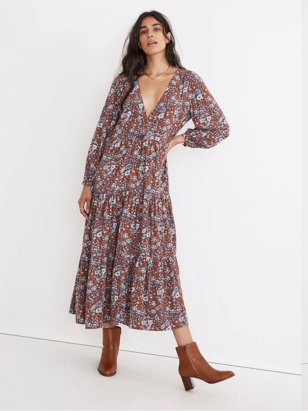 Madewell Brown Floral V‑Neck Tiered Maxi Dress